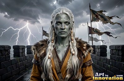 Facing forward on a castle wall, a pale green orc woman stands before lightning