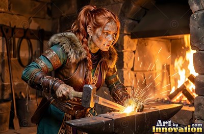 A red-haired orc woman hammers hot metal on an anvil by a fiery forge