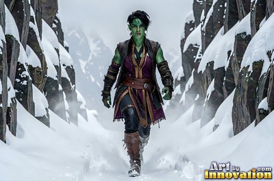 In a snowy mountain pass, a green orc woman walks forward in leather clothes