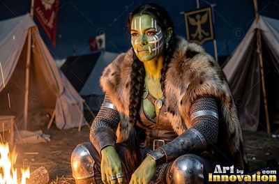 Sitting by a camp fire, a green orc woman wears armor and fur near tents at night