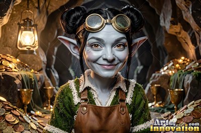 Goblin woman in goggles smiling in a cave with gold coins