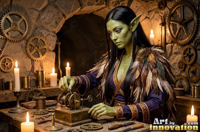 Wearing a feather mantle, a goblin woman fixes clockwork gears by candlelight