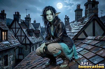 A goblin woman crouches on a tiled roof under a bright full moon