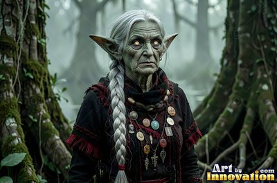 Facing forward in a misty swamp, an old goblin woman clad in dark robes
