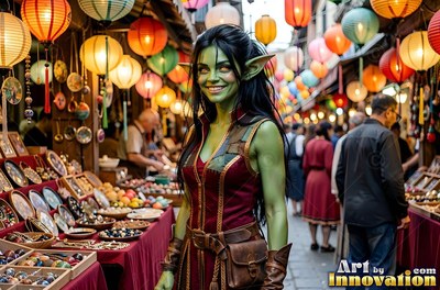 A woman smiles in a crowded outdoor market under colorful paper lanterns