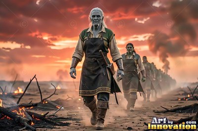 On a burned field under an orange sunset, an elderly orc woman walks in a leather apron