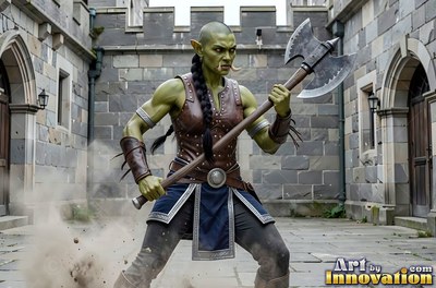 Gripping a heavy battleaxe, a woman stands in a stone castle courtyard