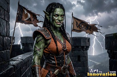 An orc woman in leather armor standing on a stone wall in rain