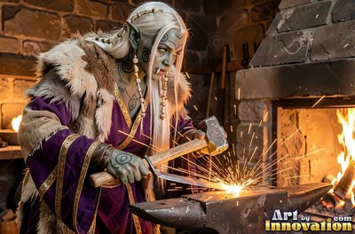 With braided white hair in a stone forge, an orc woman hammers sparks from hot iron