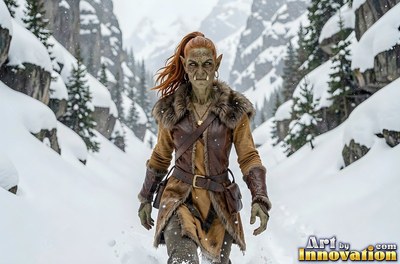 An orc woman walks through a snowy mountain pass under cool gray winter light