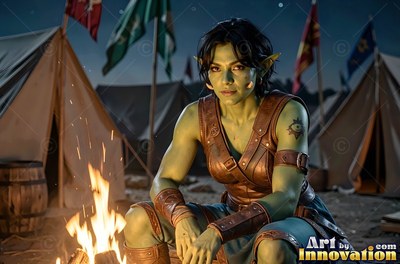 Crouching in a tent camp, a green orc woman sits by a campfire at night
