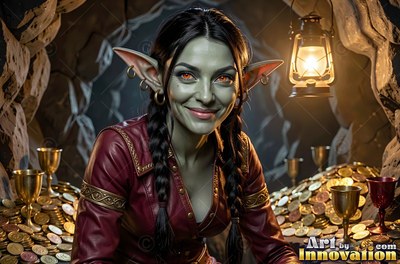 A smiling goblin woman with pointed ears sits in a cave by a pile of gold coins