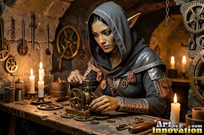 In a stone workshop, a hooded goblin woman works on small brass gears by candlelight