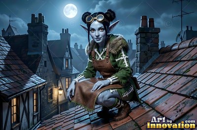 Crouching on a shingled roof at night, a pale goblin woman is dressed in goggles under a full moon