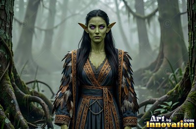 Green-skinned goblin woman in a feathered robe standing in a swamp