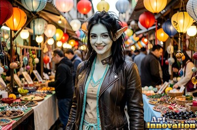Long pointed ears frame a smiling goblin woman in a brown leather jacket at a street market filled with lanterns