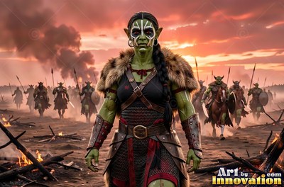 A woman stands before her army under an orange sunset sky