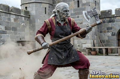 Crouching in a stone courtyard, an old orc woman swings a heavy axe