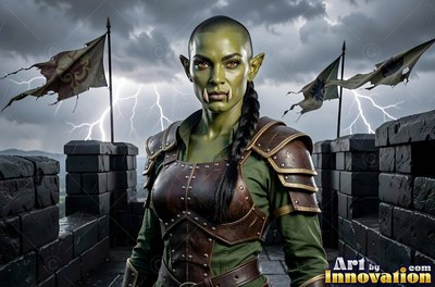 A green orc woman in leather armor stands on a castle wall during a lightning storm