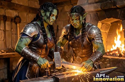 In a stone forge, two green orc women in armor hammer hot metal on an anvil