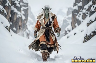 Walking through deep snow, an orc woman is dressed in a fur-lined orange coat between cliffs