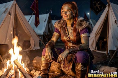 Red-haired orc woman rests on a log by a campfire at night