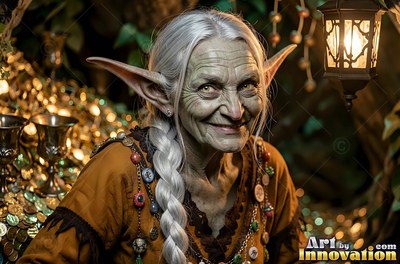 Braided white hair hangs over an elderly goblin woman smiling in a treasure cave