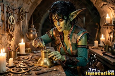 A green-skinned goblin woman tinkers with brass gears at a workbench lit by warm candlelight
