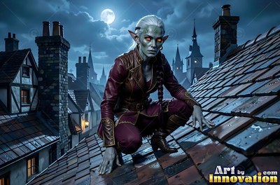 Crouching on a tiled rooftop, a goblin woman is wearing a dark red coat
