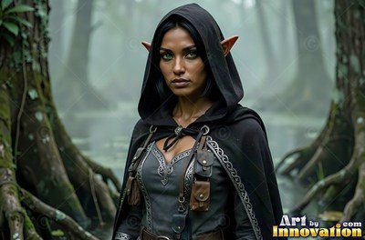 A sharp-eared woman in a black hooded cloak stands in a foggy swamp