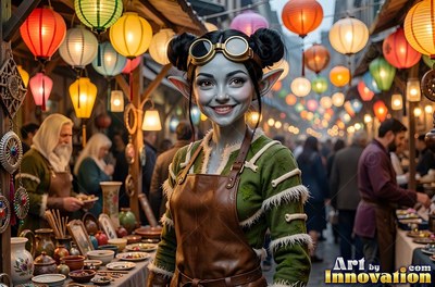 In a night street market with lanterns, a smiling goblin woman wears goggles