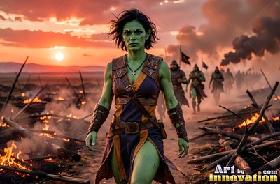 Walking ahead of an army, a green orc woman crosses a smoky battlefield at sunset