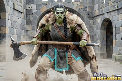 Green orc woman holding an axe in a stone courtyard