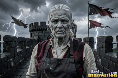 Wearing a dark work apron, an older orc woman stands on castle battlements under lightning