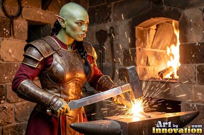 An orc woman strikes hot metal on an anvil with bright sparks flying