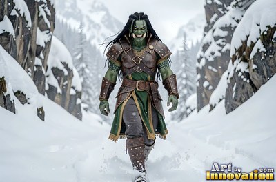 Walking forward in a snowy canyon, a green-skinned orc woman in brown armor