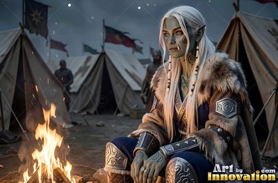 A white-haired orc woman in a fur cloak sits near a campfire in a tent camp