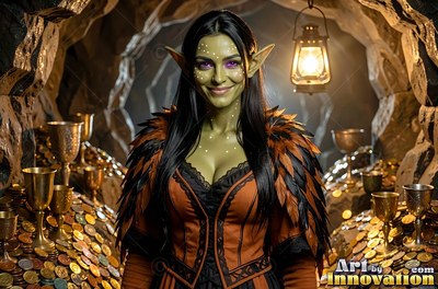 In a treasure cave, a smiling green-skinned goblin woman stands by gold coins