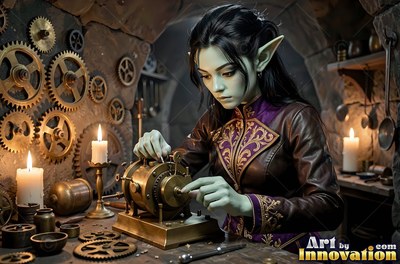 Tinkering with brass gears by candlelight, a goblin woman works at a wooden bench