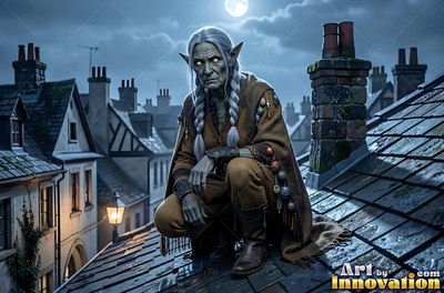 An old goblin woman squats on a dark slate roof at night