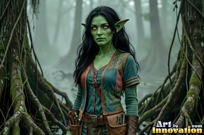 Long black hair frames a goblin woman standing in a murky, misty swamp