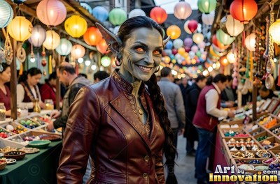 A woman smiles in a crowded night market under round paper lanterns
