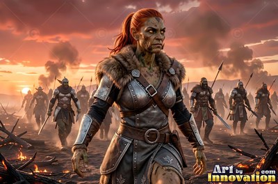 Walking forward on a battlefield, a red-haired orc woman leads her armored army