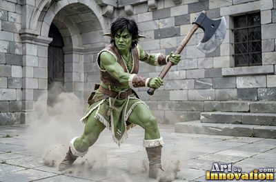 A green goblin woman raises a battle axe in a stone courtyard