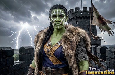 On a stormy castle wall, a woman stands in fur and chainmail