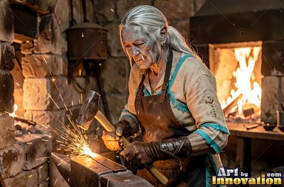 Hammering hot iron, an older orc woman works by a bright stone forge