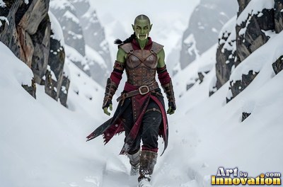 Green-skinned orc woman in leather armor walking in the snow
