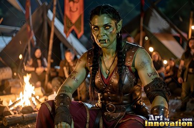 Braided black hair frames a green-skinned orc woman in leather armor by a campfire at night