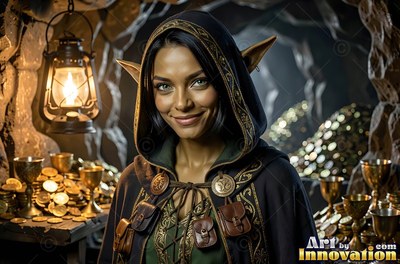 A goblin woman smiles in a hooded cloak near treasure lit by warm lantern light