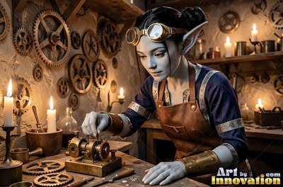Leaning over a workbench, a goblin woman works on gears by candlelight